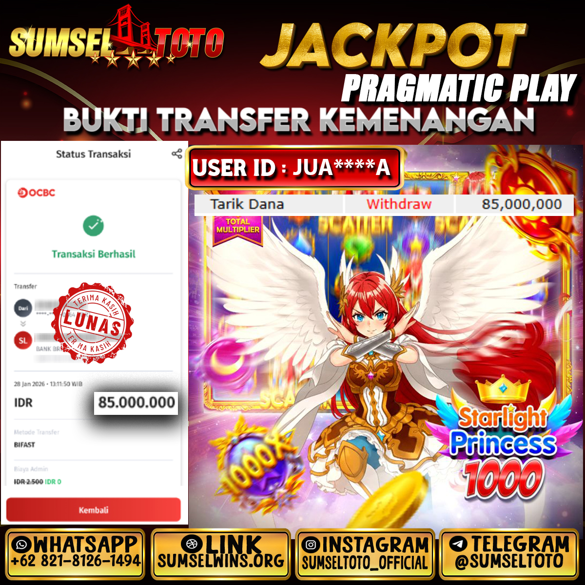 SUMSELTOTO JACKPOT STARLIGHT PRINCESS 1000 Rp.85,000,000.,- LUNAS